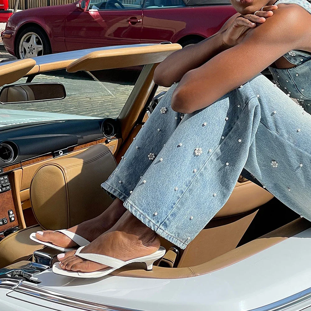 White Vegan Leather Open Toe Flip Flop Kitten Heel Mules Sandals