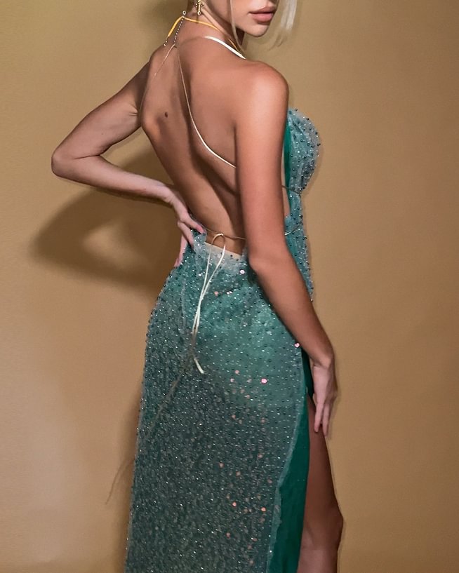 Slip Side Slit Sequin Dress