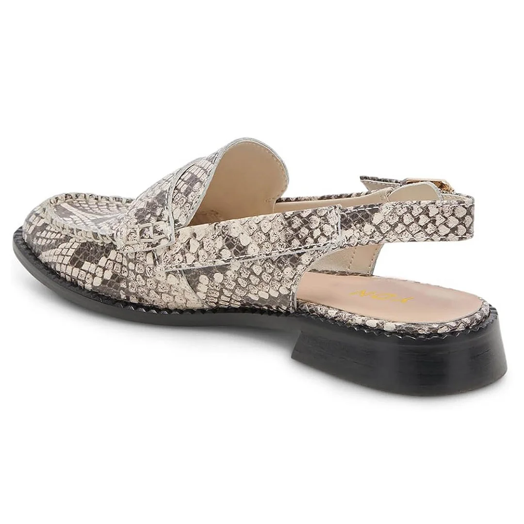 Python Print Round Toe Buckle Flat Loafers Slingback Shoes