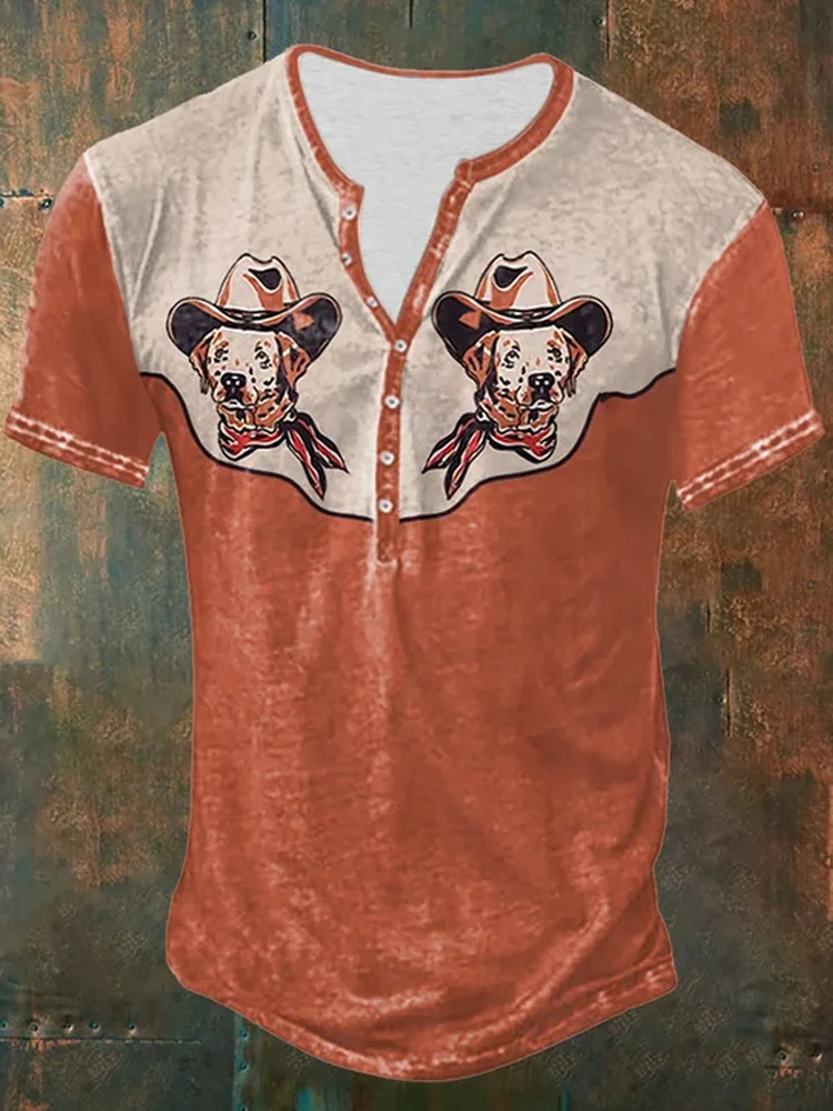 Vintage Western Dog With Cowboy Hat Print Casual Button Top