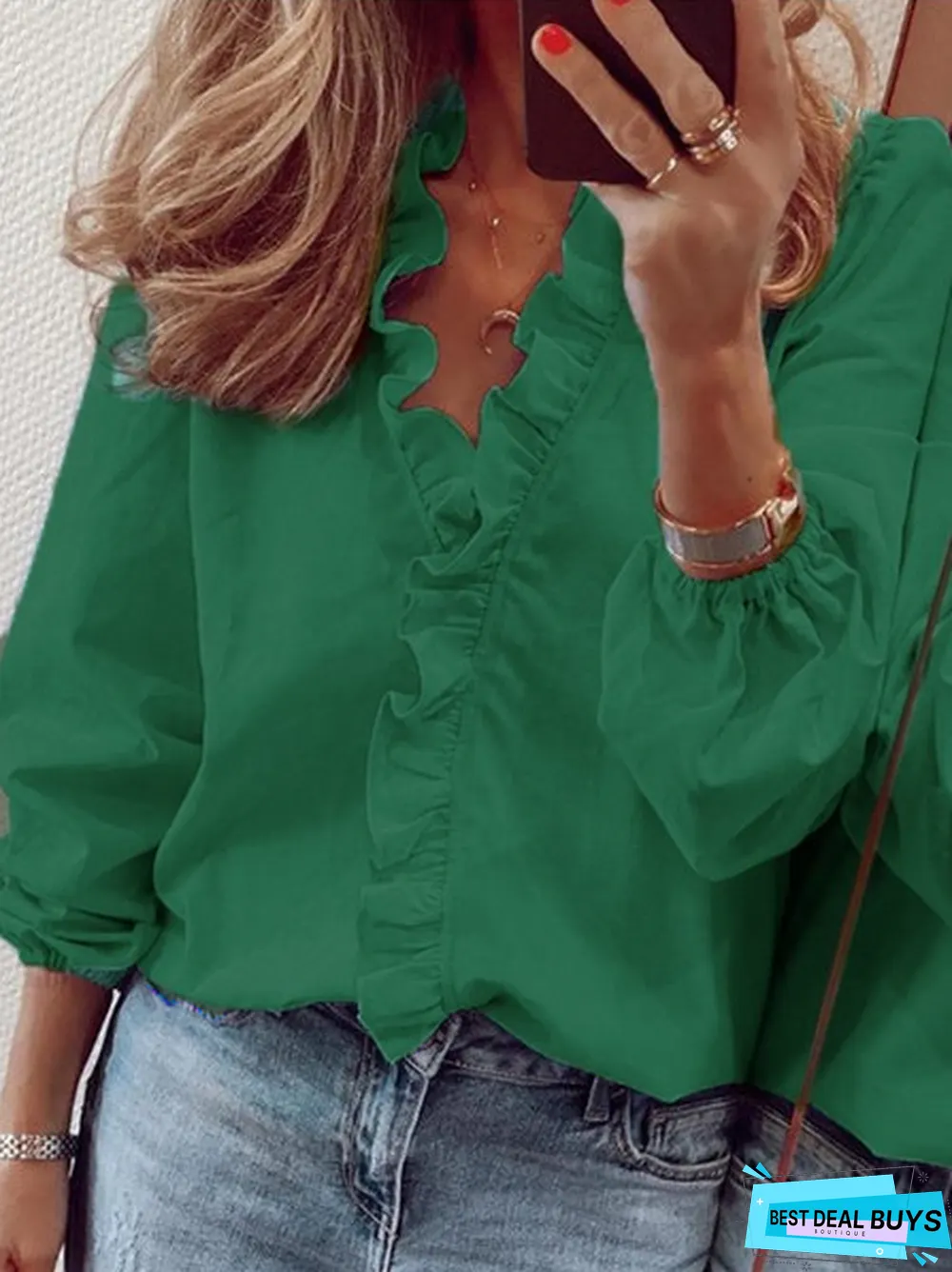 Casual Ruffled V neck Long Sleeve Top