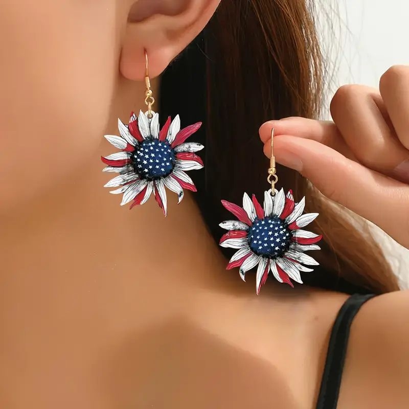 Comstylish American Independence Day Sunflower Flower Art Earrings