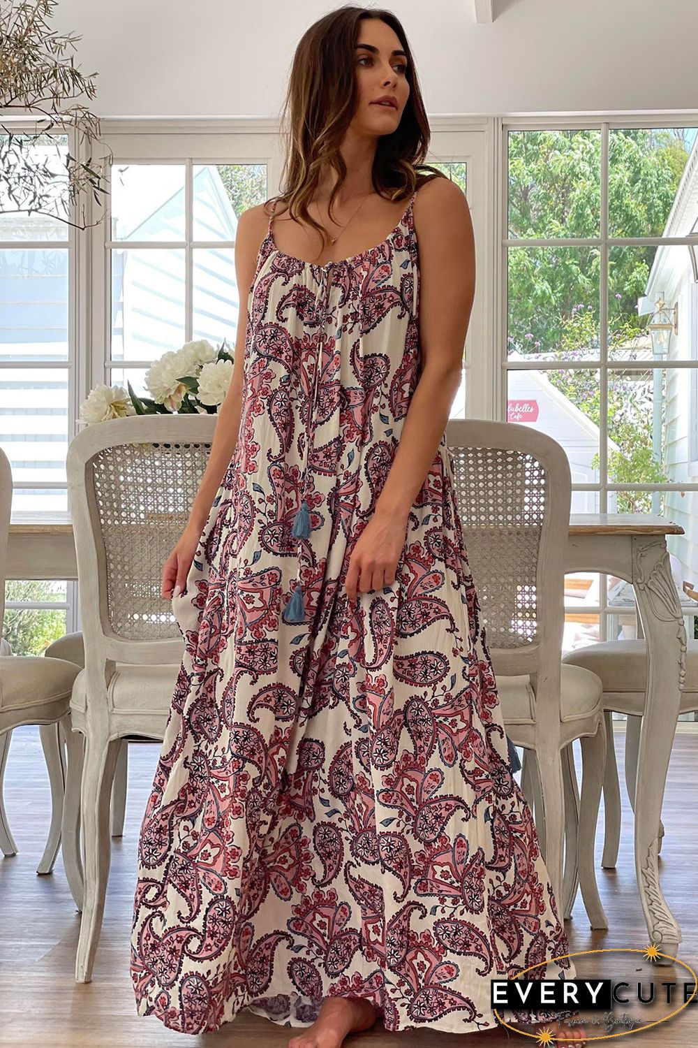 White Boho Paisley Print Spaghetti Straps Maxi Dress