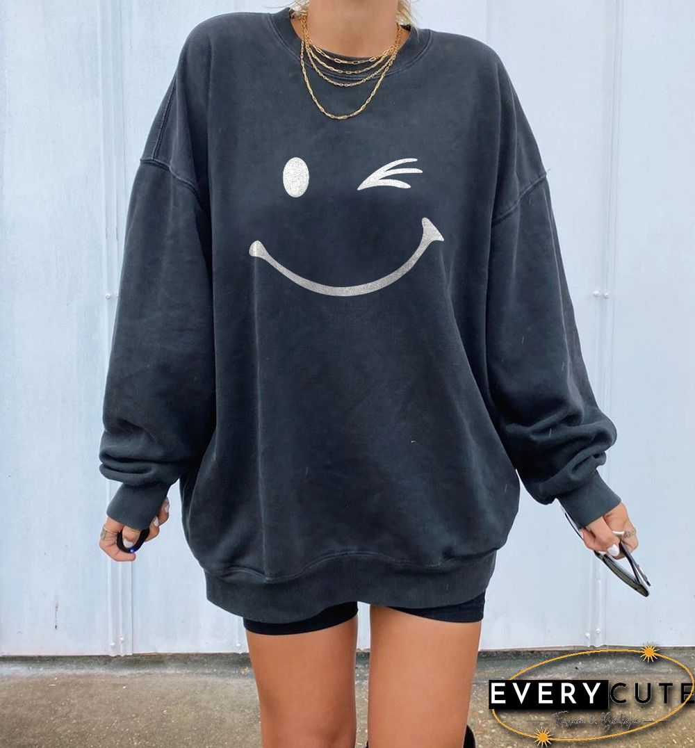 Basic Smiley Print Long Sleeve Sweatshirt