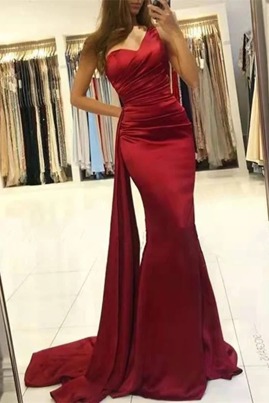 Daisda Wine Red Mermaid One Shoulder Prom Dress With Ruffles