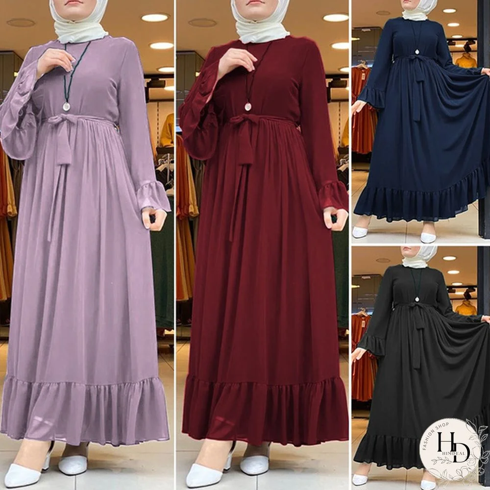 Women Muslim Abaya Kaftan Long Shirt Dress Flare Sleeve Solid Retro Casual Tunic Midi Sundress Plus Size