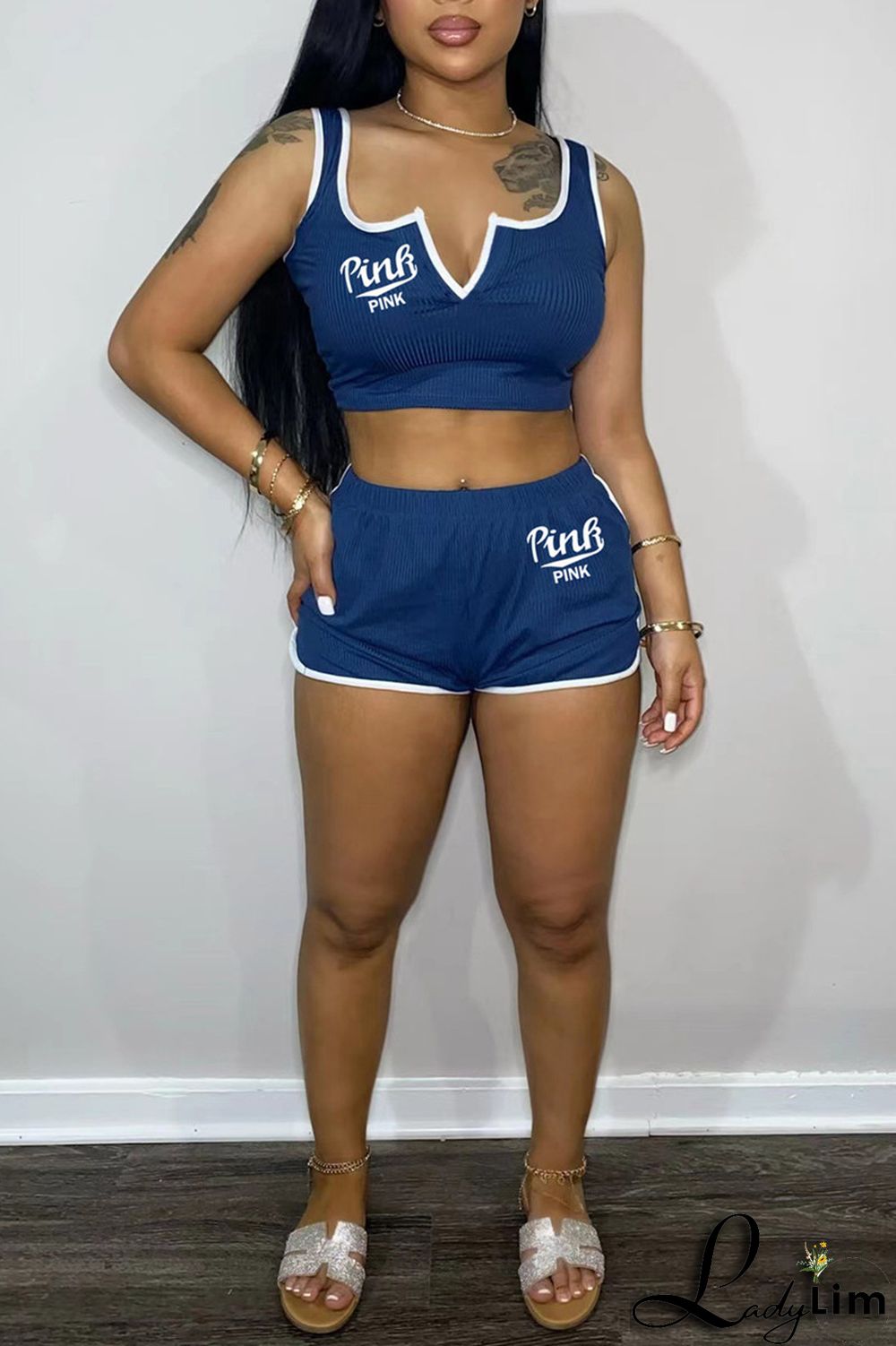 Tibetan Blue Fashion Casual Letter Print Basic V Neck Sleeveless Two Pieces