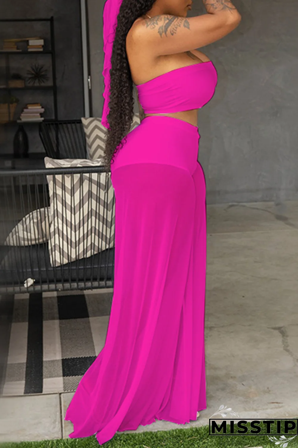 Rose Red Sexy Solid Mesh Strapless Sleeveless Two Pieces