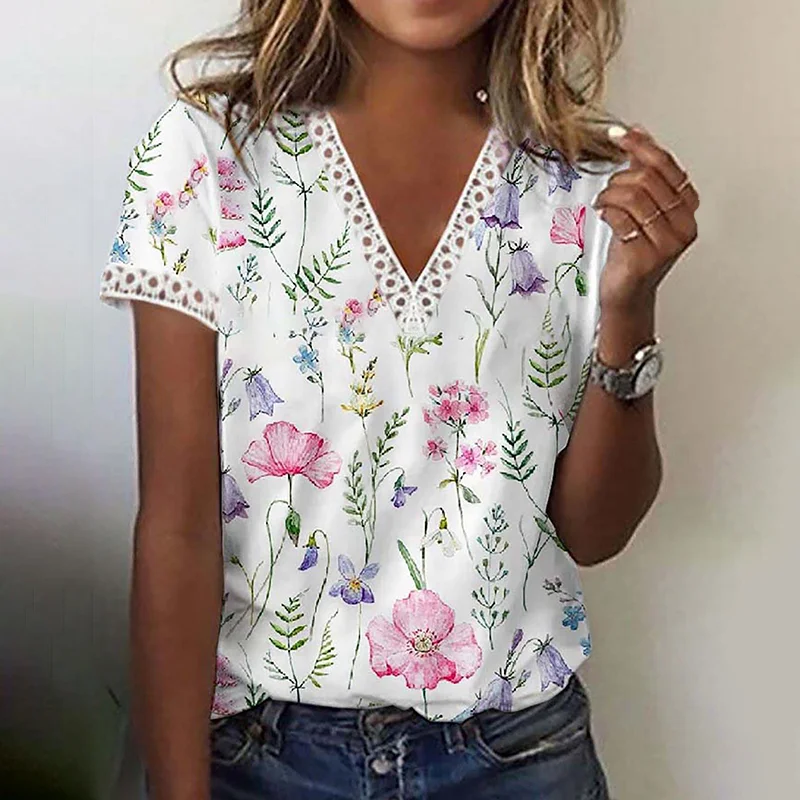 Patchwork Lace Floral Printed Comfy T Shirt