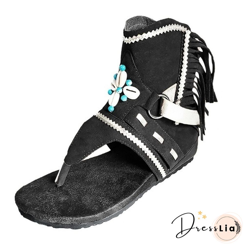 Women's Fashion Tassel Roman Boho Sandals Flock Retro Ankle Sandal Shoes Summer Flats Flip Flops Bohemian Beach Boot Shoes Plus Size