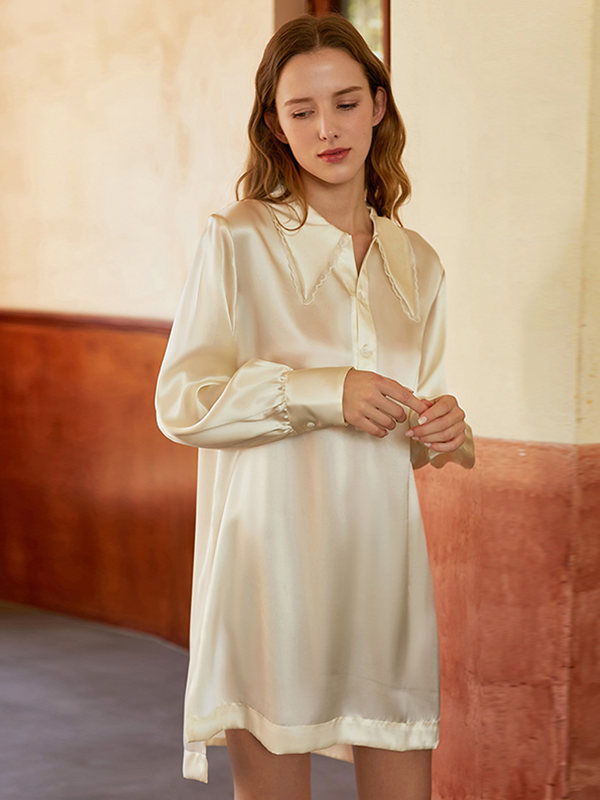 Shirt Style Elegant Silk Nightgown With Slit Hem
