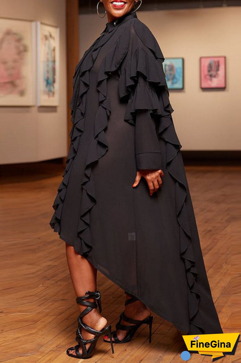 Black Casual Solid Patchwork Asymmetrical Turndown Collar Shirt Dress Dresses