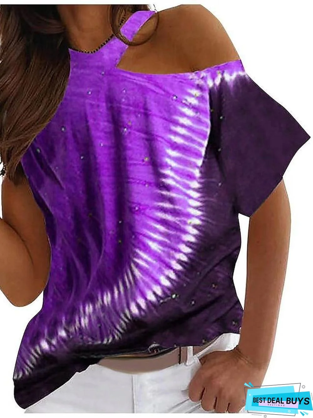 Women's T-Shirt Color Block Tie Dye Print One Shoulder Tops Basic Top Blue Purple Red