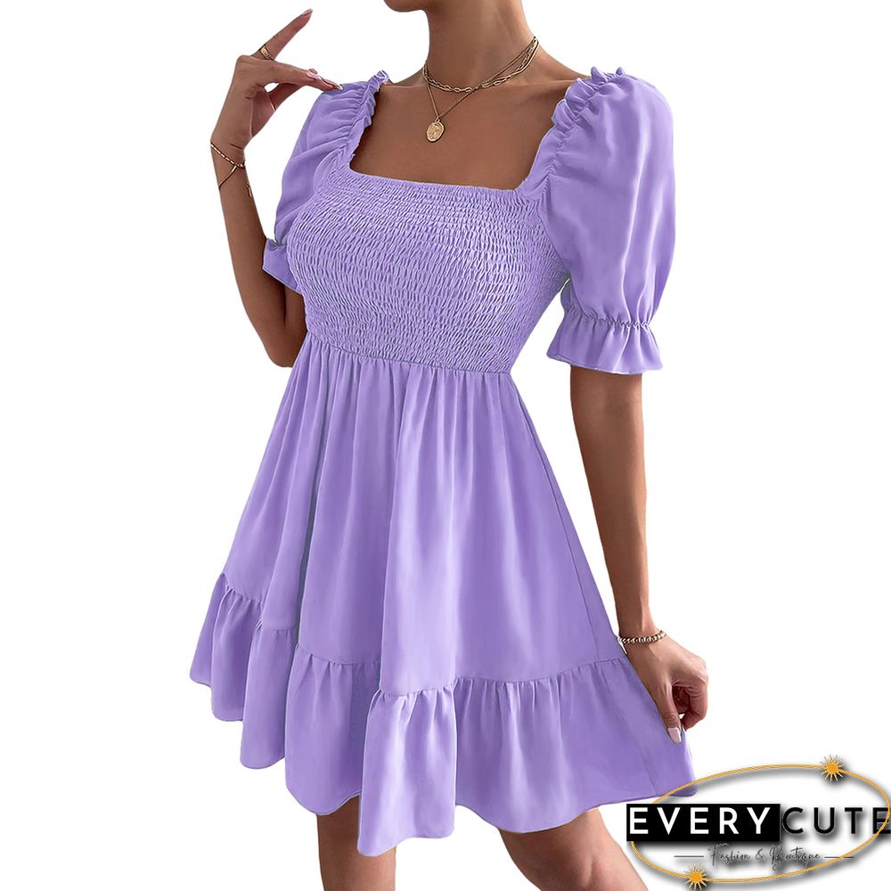 Light Purple Square Neck Short Sleeve Ruffle Mini Dresses