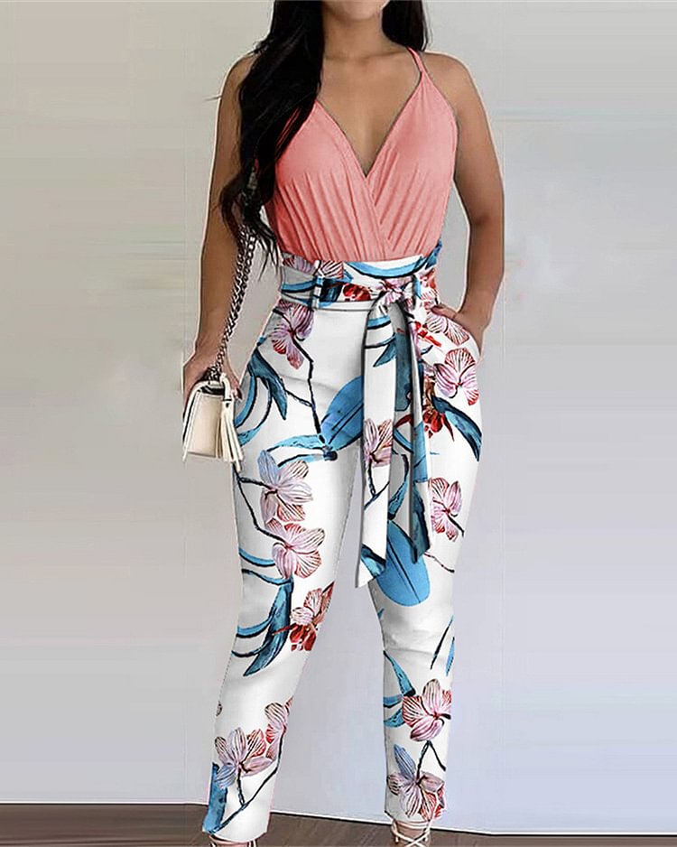 Fashion Suspender Top & Trousers Print Two-piece Set