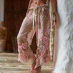 Women's Spring Floral Roses Embroidered Art Print Flowy Linen Blend Casual Pants - Image 2
