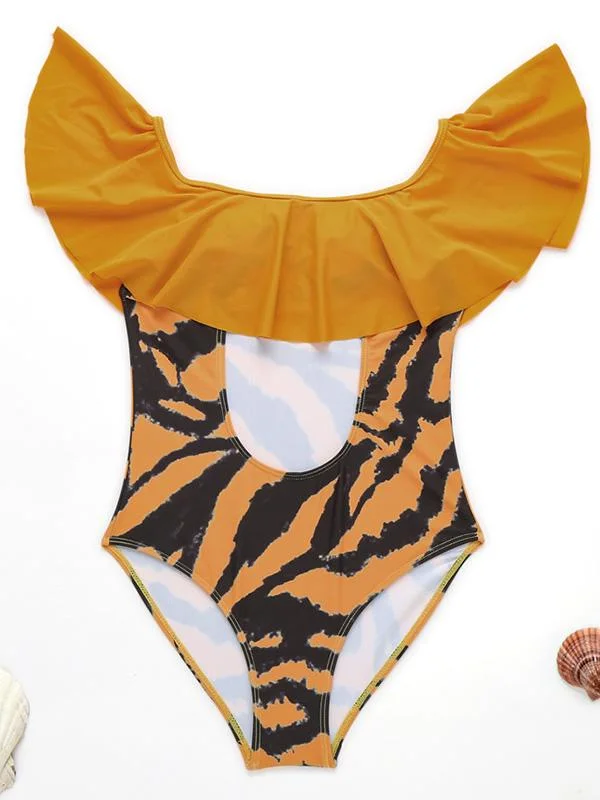 Off-The-Shoulder  Falbala Hollow Split-Joint One-Piece Swimwear