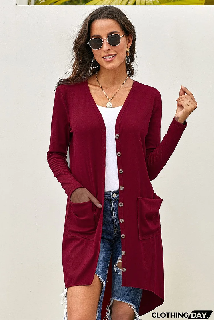 Burgundy Selected Button Down Pocketed Knit High Low Long Cardigan