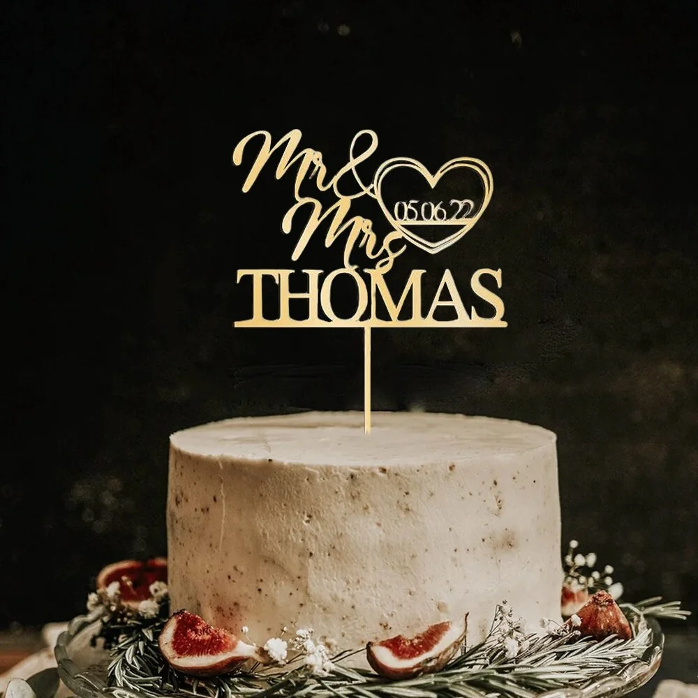 Custom Cake Topper Acrylic Mirror Letter Cake Decor Personalized Name And Date Gold Happy Birthday Cake Decoration For Wedding