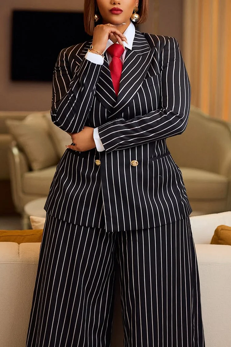 Plus Size Formal Black Striped Lapel Collar Long Sleeve Wide Leg Elegant Two Piece Pant Suits [Pre-Order]