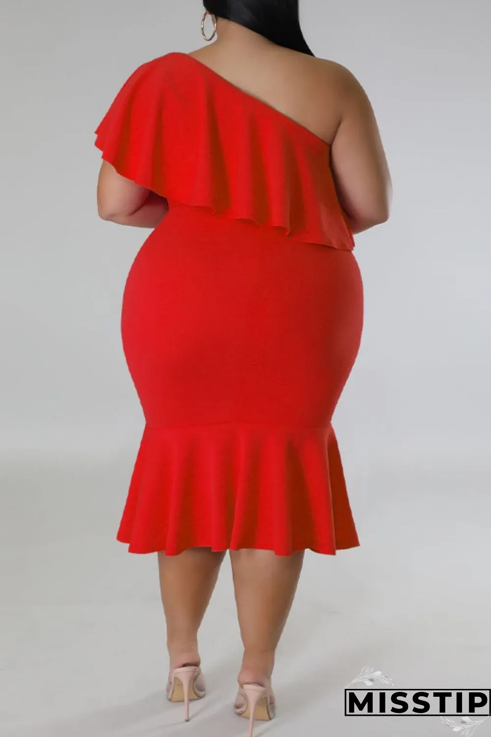 Green Casual Solid Patchwork Backless Oblique Collar Plus Size Dresses