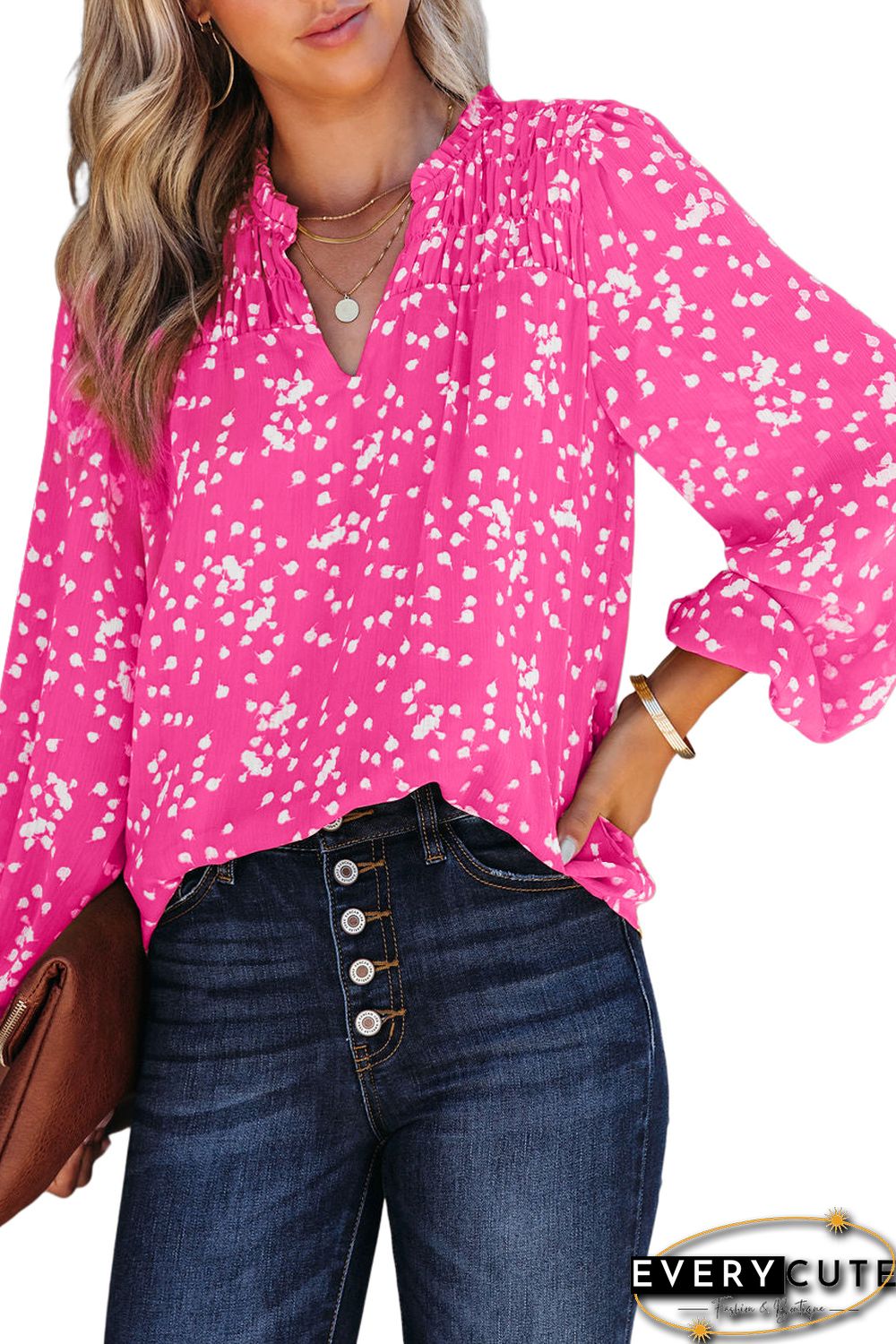 Pink Split Neck Fall Printed Crinkled Blouse