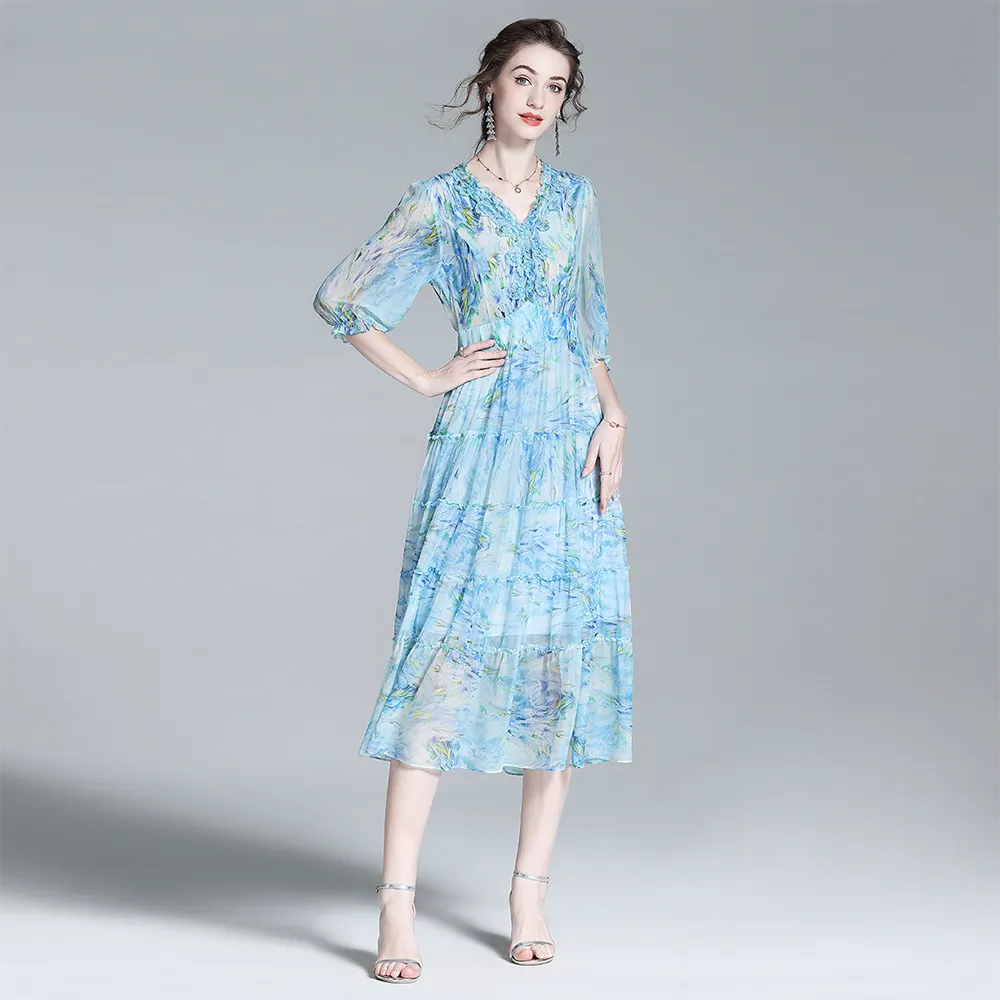 100% Silk Dress Floral V Neck Dress Summer Vacation REAL SILK LIFE