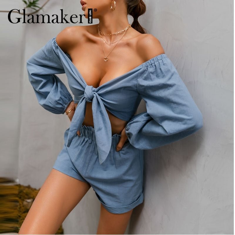 Glamaker Blue 2 piece suit Women top with knotted on the chest and loose shorts Casual cotton comfortable suit Lady 2021new sets