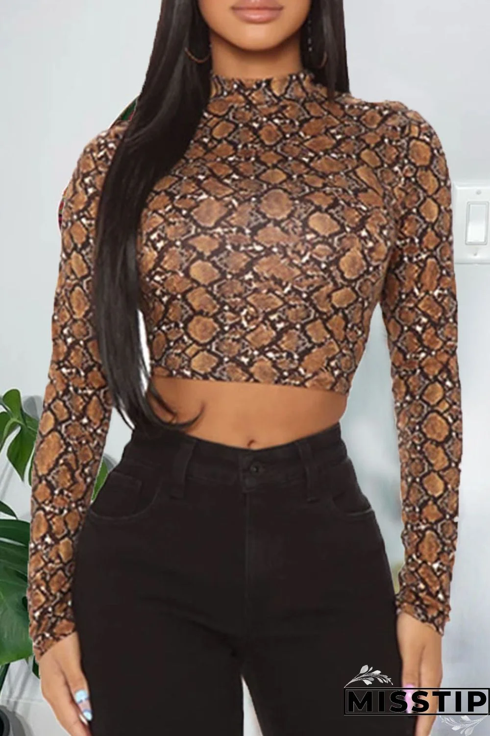 Brown Sexy Print Patchwork O Neck Tops
