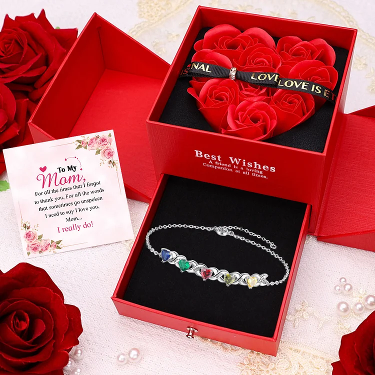Family Custom Bracelet Heart Personalized with 5 Birthstones Gift Box Set
