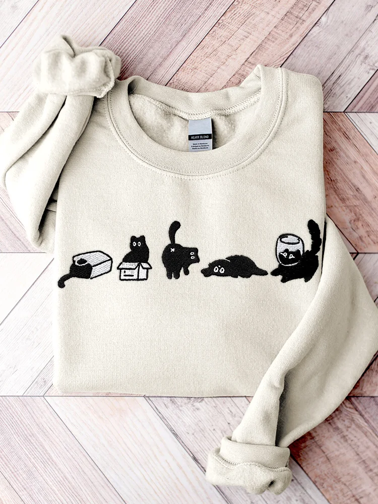 Comstylish Cute Black Cat Embroidery Pattern Sweatshirt