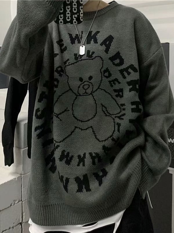 Hip-pop Style Dark Bear Graphic Intarsia Loose Sweater