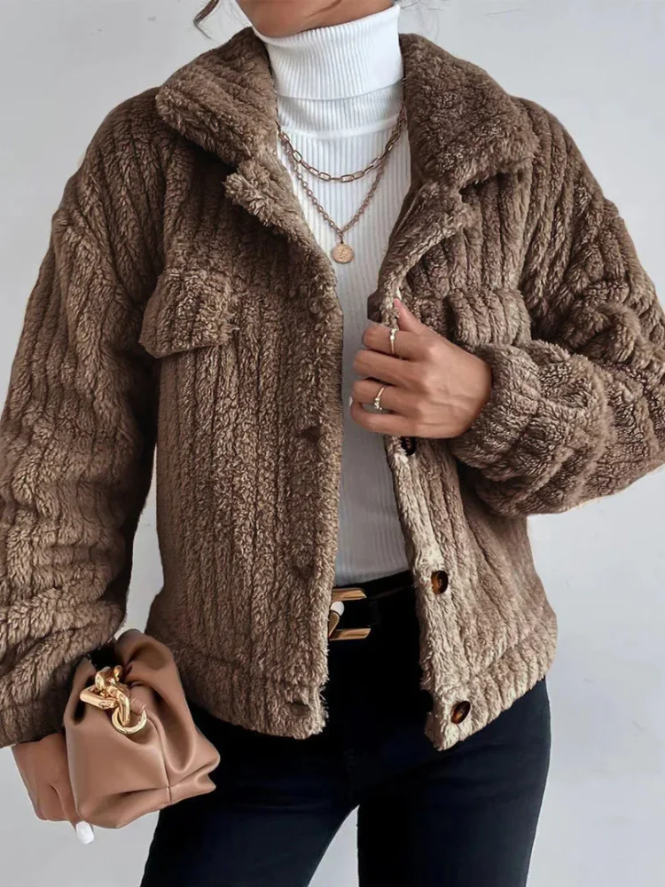 Women's Jackets Plush Lapel Button Long Sleeve Jacket