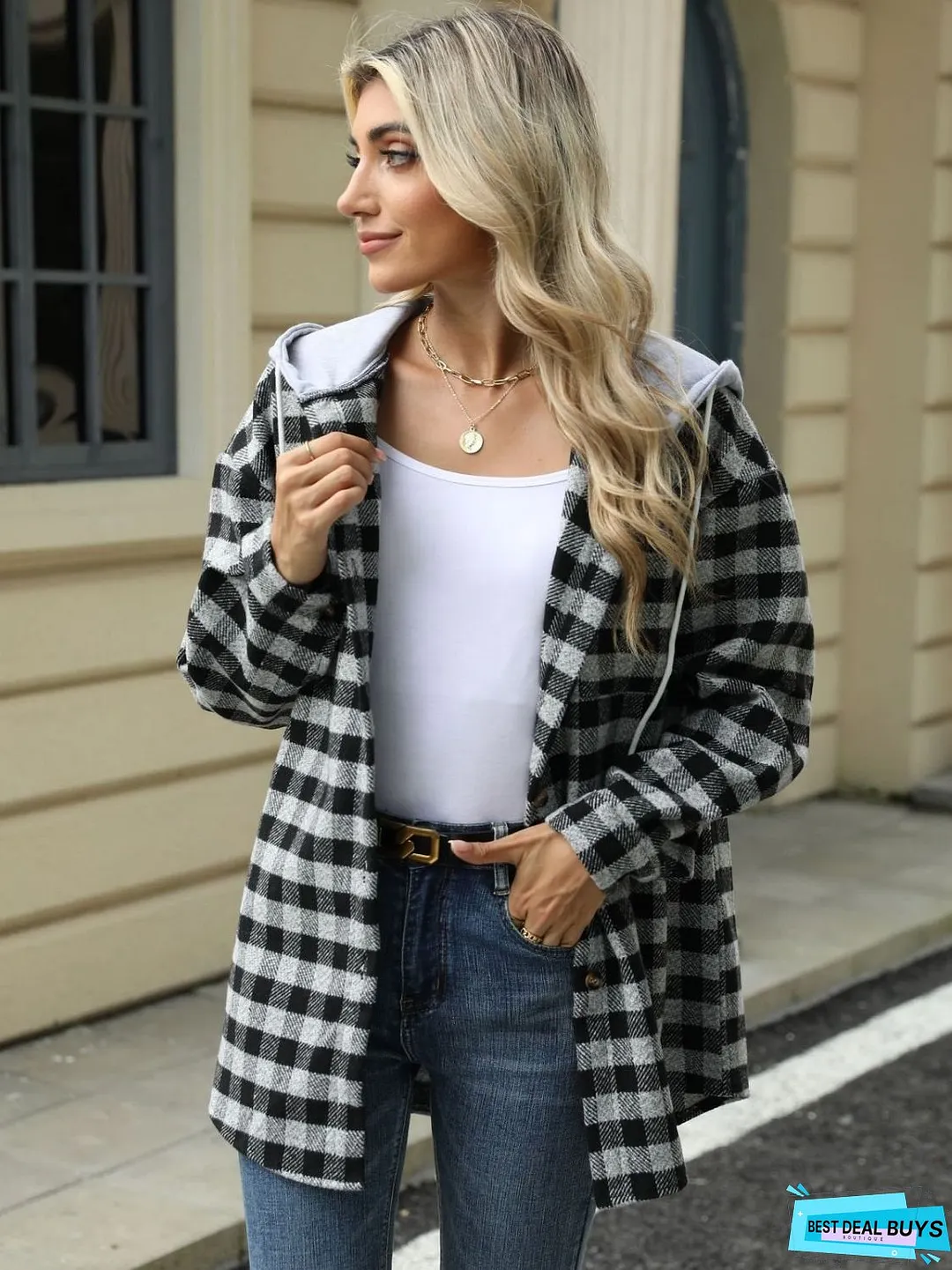 Drawstring Plaid Long Sleeve Hooded Jacket