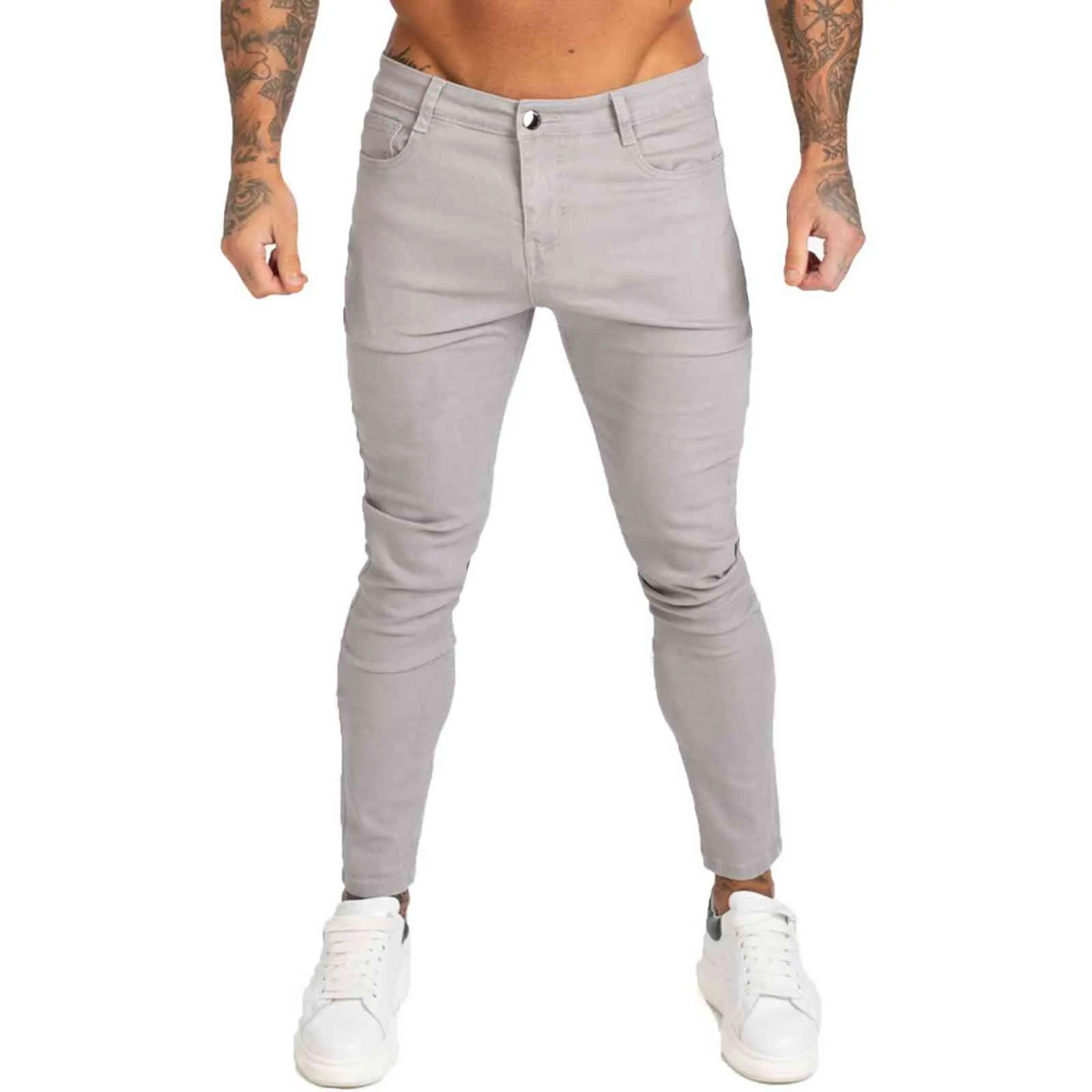 GINGTTO Denim Pants Men Skinny Slim Fit Grey Jeans for Hip Hop Ankle Tight Cut Closely to Body Big Size Stretch zm175 211108