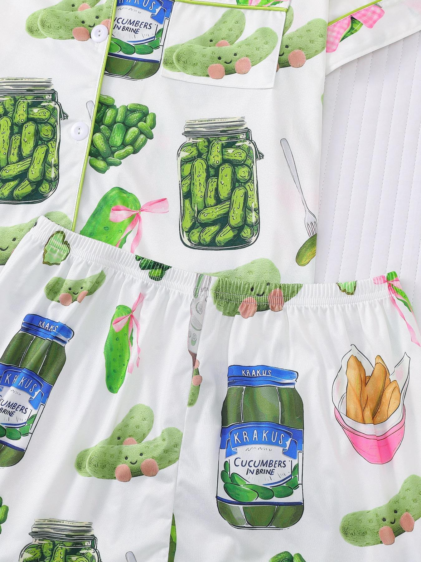 Women's Cucumber Print Short Sleeve Pajama Set, Casual Comfy Button Front Chest Pocket Design Lapel Neck Top & Elastic Waist Shorts PJ Set, Ladies Sleepwear Loungewear