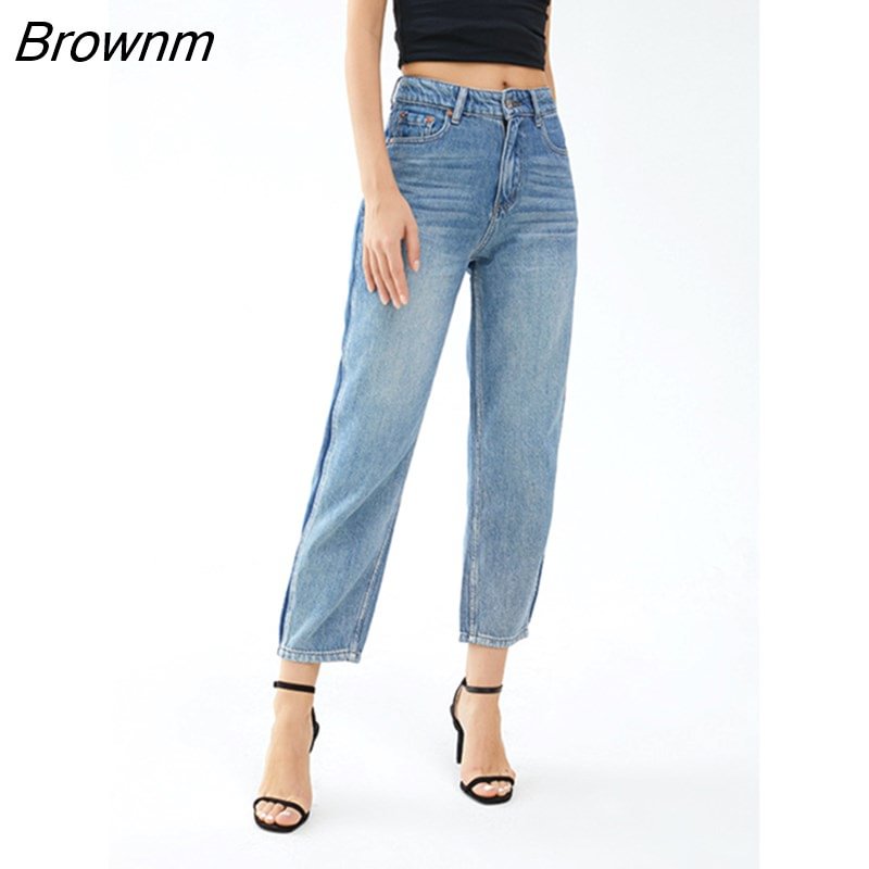 Brownm Autumn/Winter New High-waisted Loose Straight Jeans High Quality Type Tapered Nine-point Women Pants Pockets Trousers