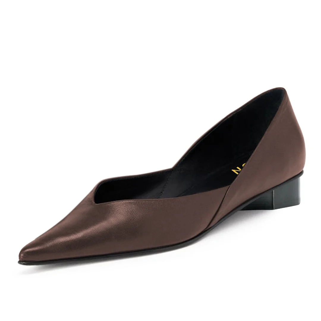 Brown Vegan Leather Pointed Toe Office Shoes Flat Pumps for Women