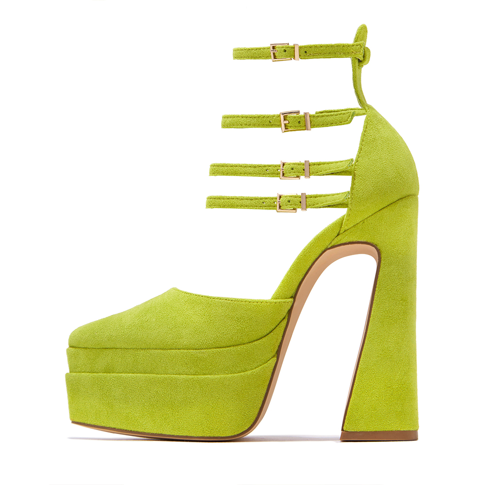 Women's Green Vegan Suede Triple Ankle Strap Platform Pumps Heels Nicepairs