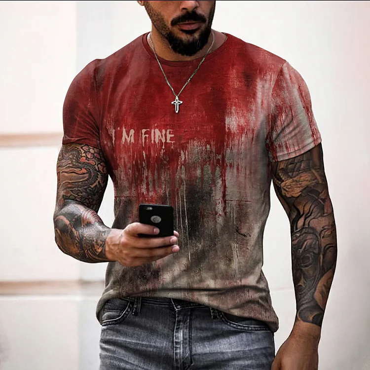 VChics Men's Halloween I'm Fine Bloody Print T-Shirt