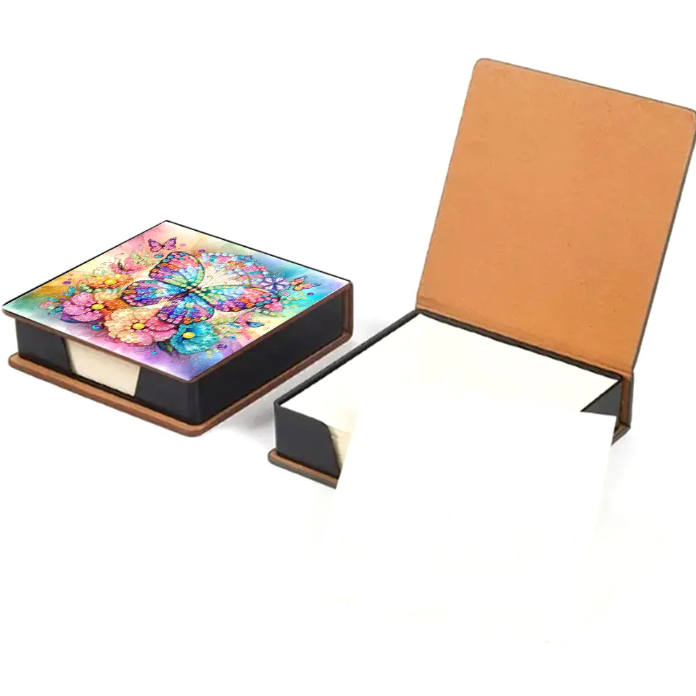 DIY Flower Butterfly Leather Diamond Art Note Box with 160 Sheets of Paper for Beginners