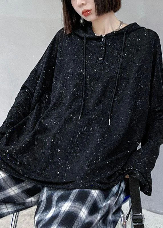 Unique Black Loose Hooded Button Sequins Fall Sweatshirt