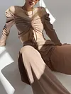 Sexy V-Neck Long Sleeve Drawstring Top&Wide Leg Pants Casual Suit