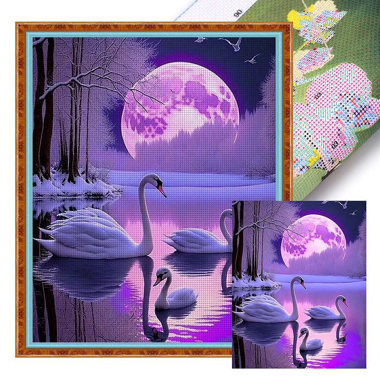 【Huacan Brand】Purple Swan Lake 11CT Stamped Cross Stitch 40*50CM
