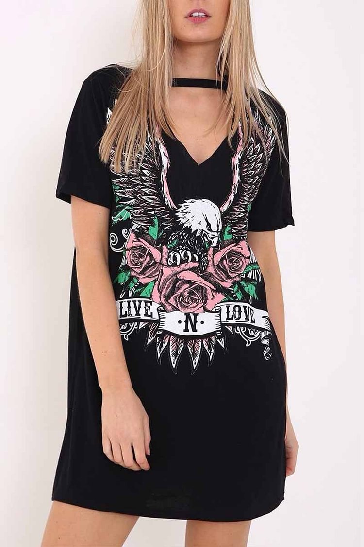 Women's Choker Cutout V-Neck Eagle Printed Short Sleeve Mini T-Shirt Dress