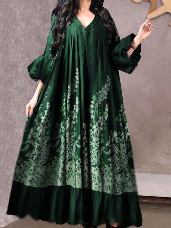 Plant graphic ruffle sleeve long dress