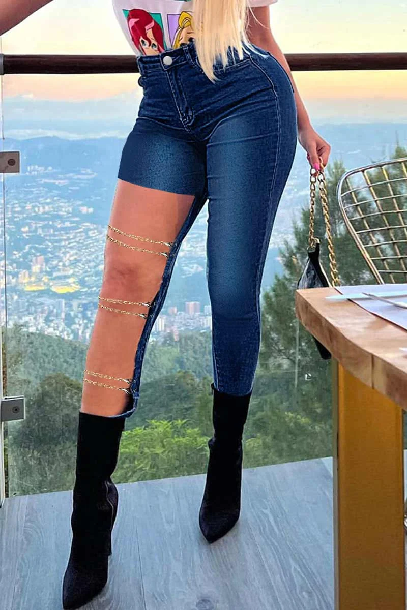 Sexy Street Solid Hollowed Out Patchwork Chains High Waist Denim Jeans