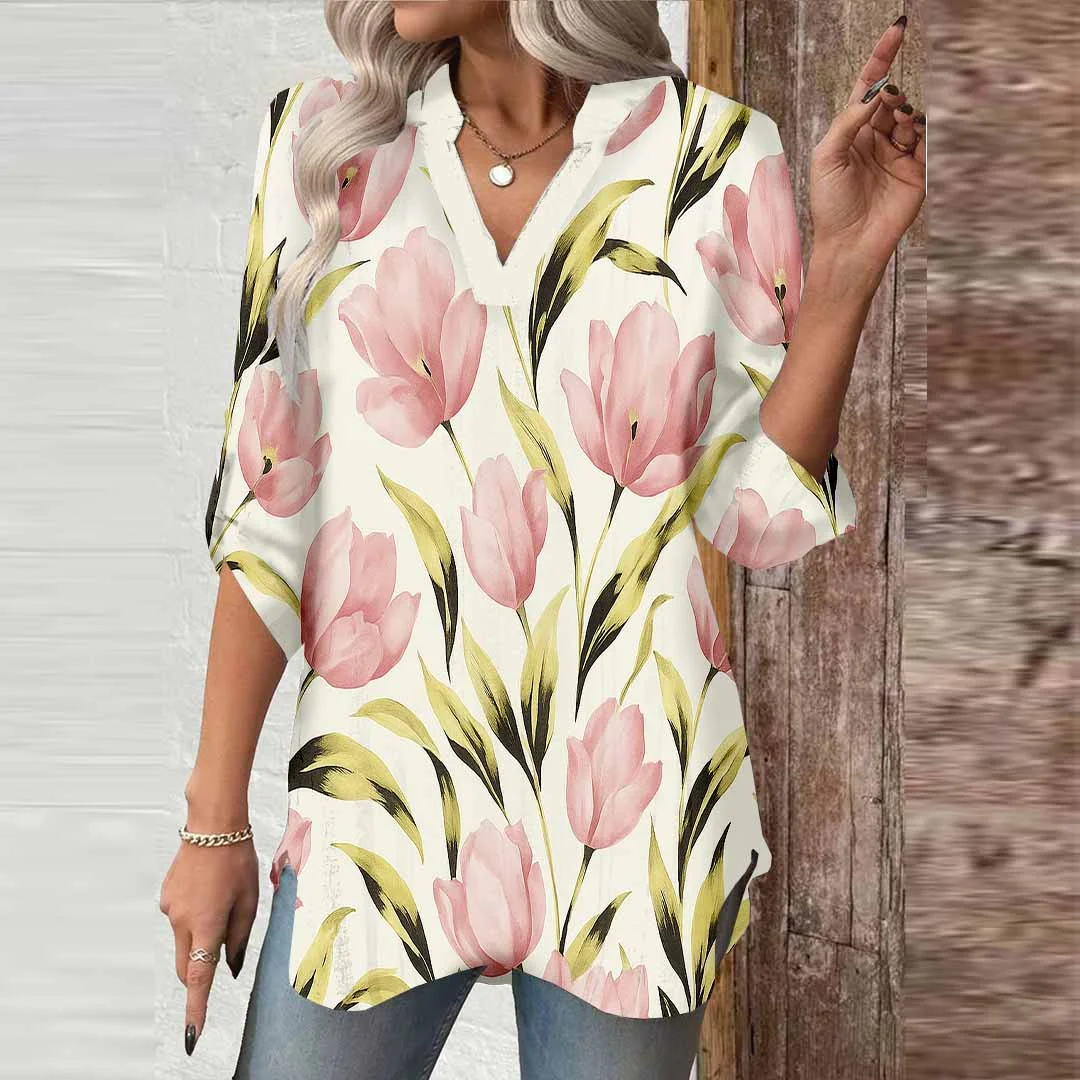 Women Floral,Pink,Green DZGA0324 3/4 Sleeve V-neck Printed Graphic Button Tops
