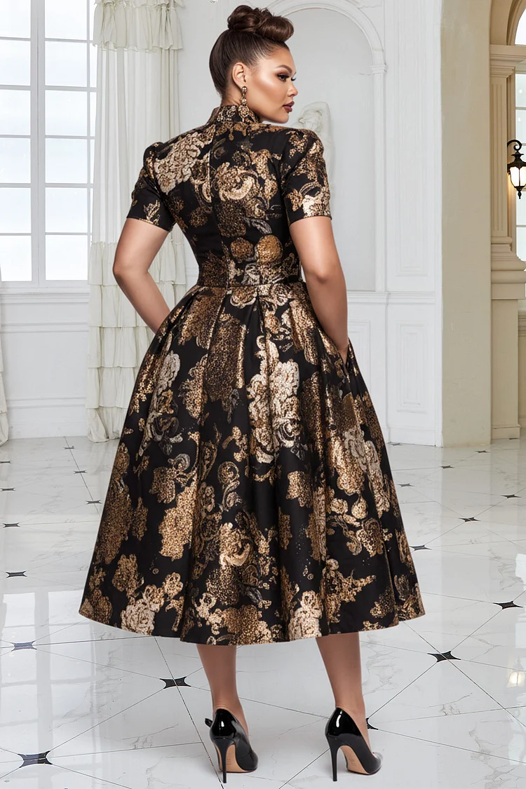 Xpluswear Design Plus Size Formal Black All Over Print Stand-Up Collar Short Sleeve Pocket Elegant Satin Midi Dresses Black-2XL/18-20 Xpluswear Design Plus Size Formal Black All Over Print Stand-Up Collar Short Sleeve Pocket Elegant Satin Midi Dresses Black-2XL/18-20