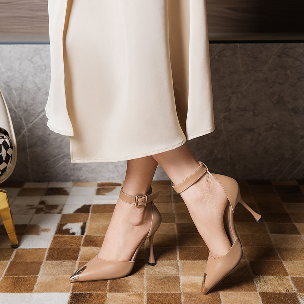 Beige Closed Toe 3'' Flared Heel Buckled Pumps Nicepairs